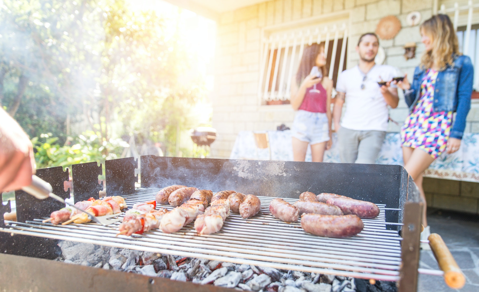 group of friends making a barbecue in the backyard garden